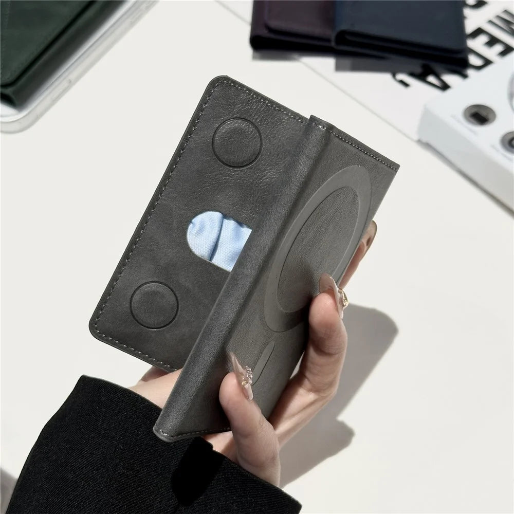 Magnetic Leather Wallet Tri-Fold Card Holder Phone Case Back Attachment - Silver - 6