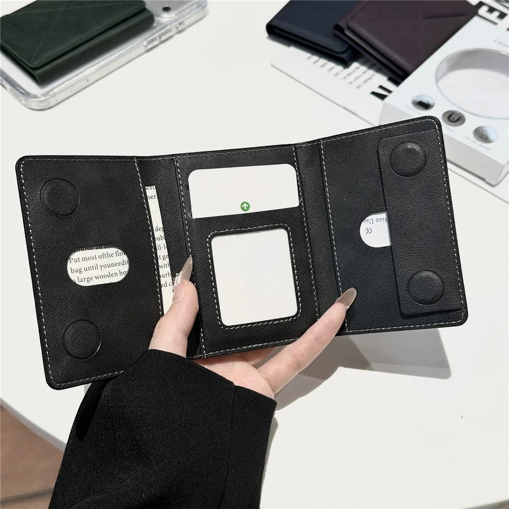 Magnetic Leather Wallet Tri-Fold Card Holder Phone Case Back Attachment - Silver - 7