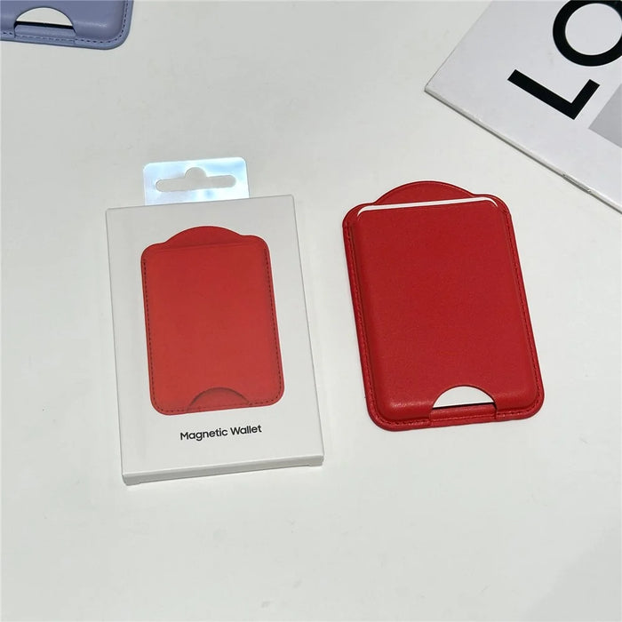 Magnetic Wallet Phone Card Holder Leather Slim Cardholder Strong Magnet Phone Pocket - Red - 3