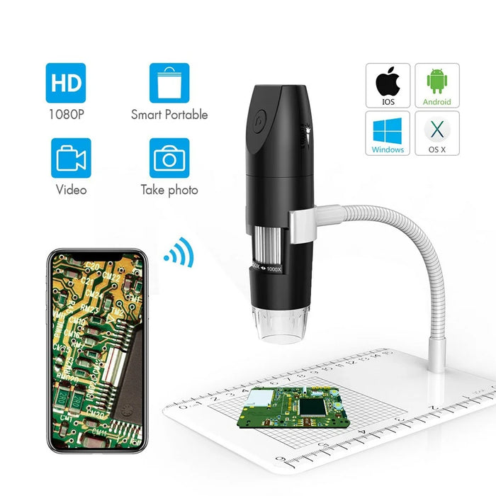 316-B WiFi Digital Microscope 50X-1000X 2MP 1080P HD Portable Handheld Magnifier for PCB Repair - Black Microscope / White Stand - 3