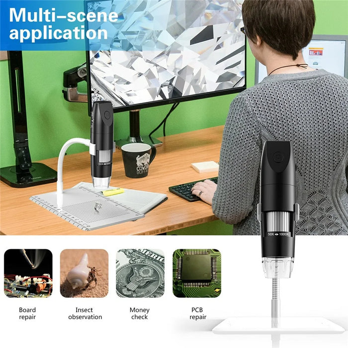 316-B WiFi Digital Microscope 50X-1000X 2MP 1080P HD Portable Handheld Magnifier for PCB Repair - Black Microscope / White Stand - 4