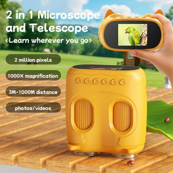 387 2 in 1 1000X Microscope 10X Telescope 2.0 Inch IPS Screen 1080P Camera Kids Science Toy - Yellow - 2
