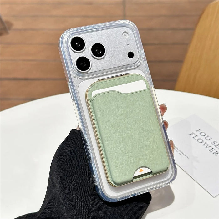 Magnetic Phone Card Holder with Mirror Slim Folding Stand Attachment PU Leather Wallet - Matcha Green - 2