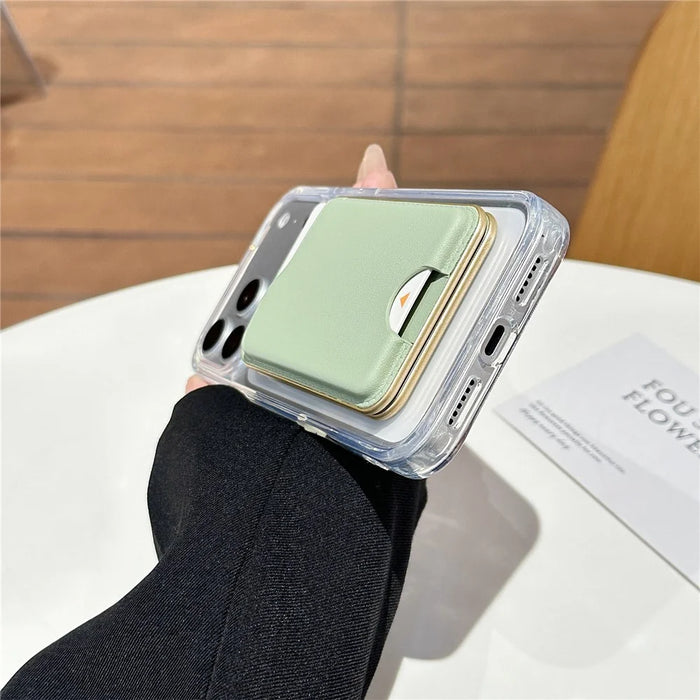 Magnetic Phone Card Holder with Mirror Slim Folding Stand Attachment PU Leather Wallet - Matcha Green - 4