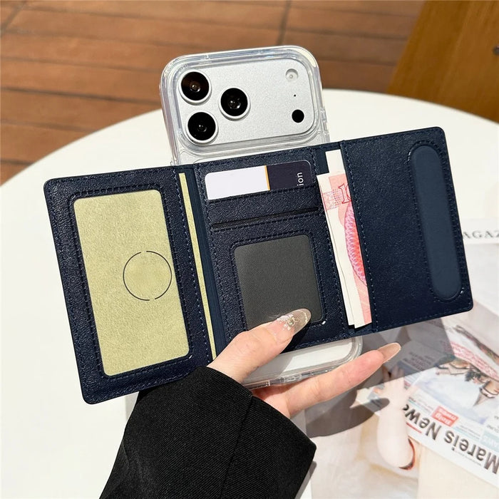 Tri-Fold Leather Card Holder Magnetic Phone Stand Wallet Credit Card Sleeves - Coffee - 7