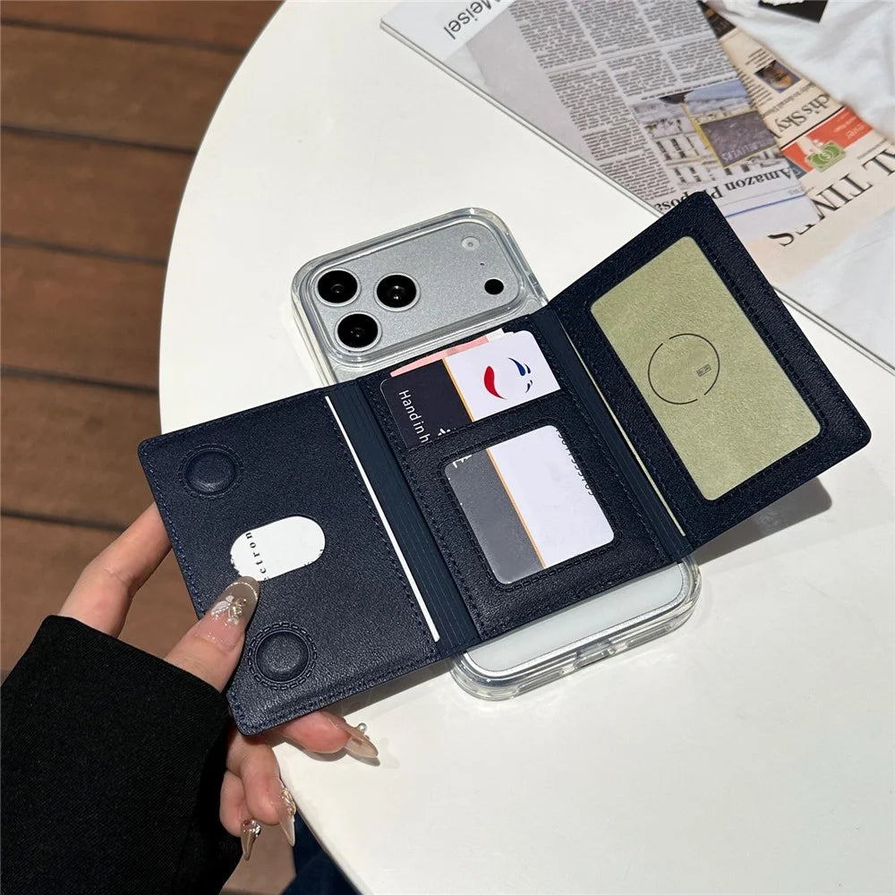 Tri-fold Magnetic Card Holder PU Leather Wallet Compatible with MagSafe Slim Credit Card Slot - Grey - 6