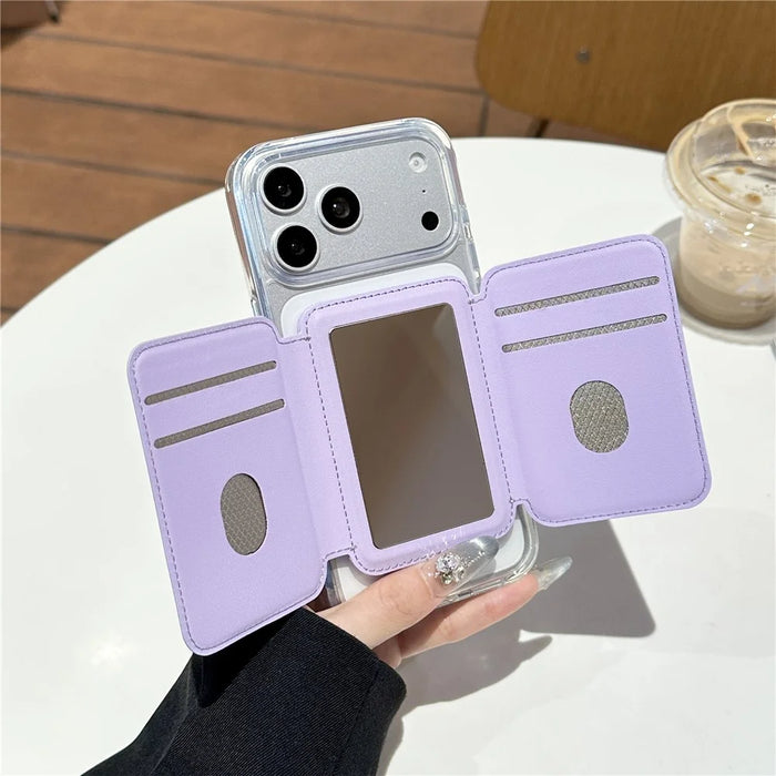 Tri-Fold Card Holder with Mirror Adjustable Stand Magnetic Multi-Card Slot Wallet - Purple - 2