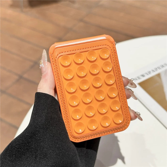 Suction Phone Wallet Card Holder Stand Silicone Pop-it Design Adhesive Mount - Orange - 2