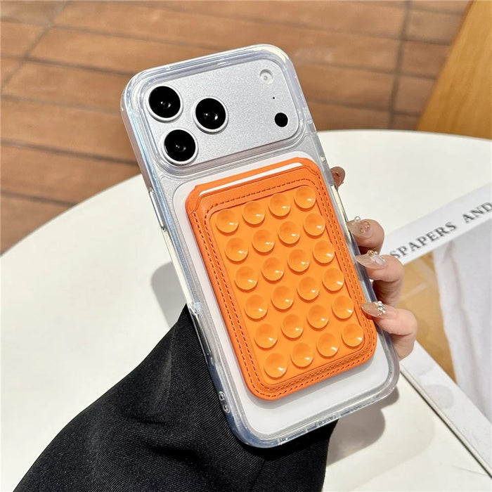 Suction Phone Wallet Card Holder Stand Silicone Pop-it Design Adhesive Mount - Orange - 4
