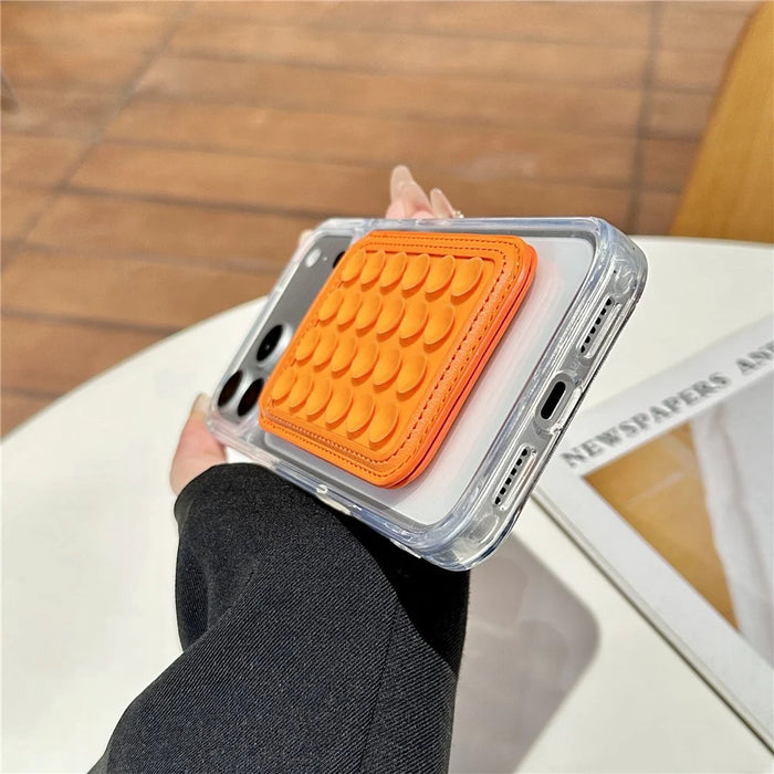 Suction Phone Wallet Card Holder Stand Silicone Pop-it Design Adhesive Mount - Orange - 5