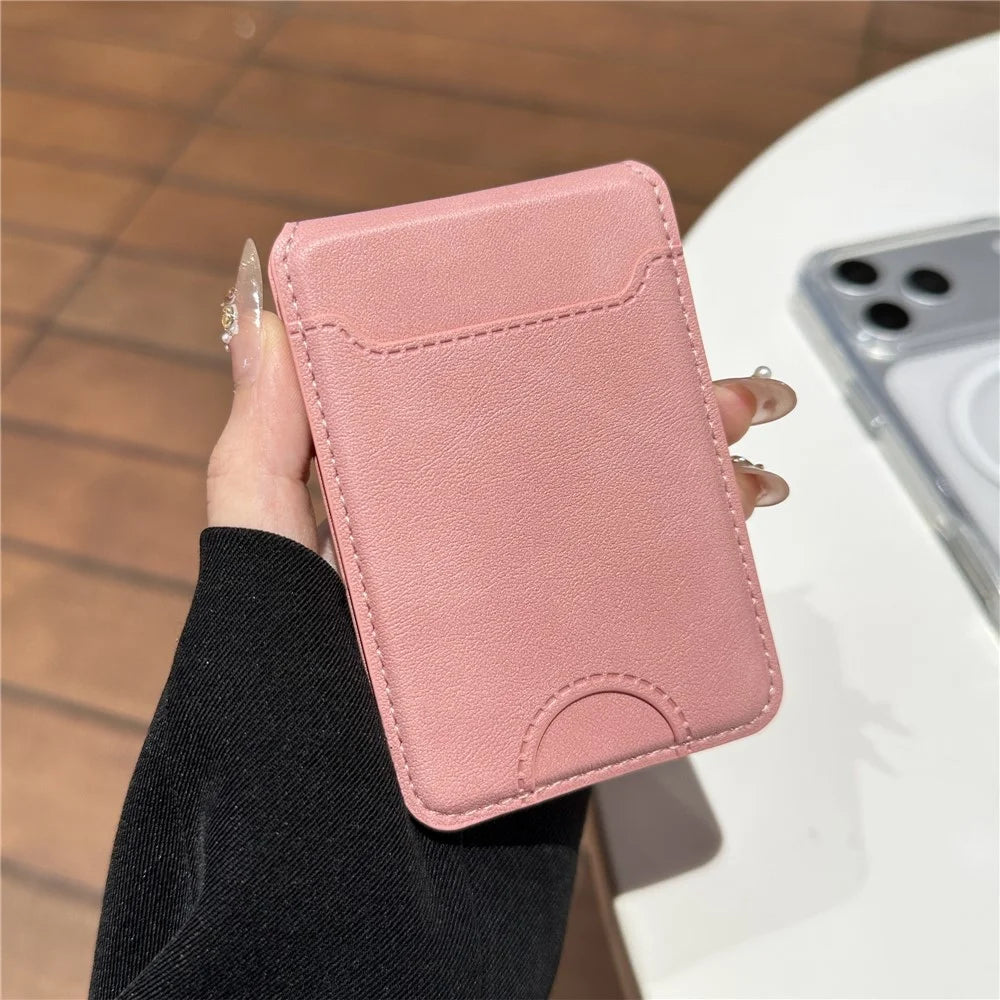 Folding Card Holder PU Leather Multi-Card Magnetic Wallet ID Window, Adjustable Stand - Pink - 2