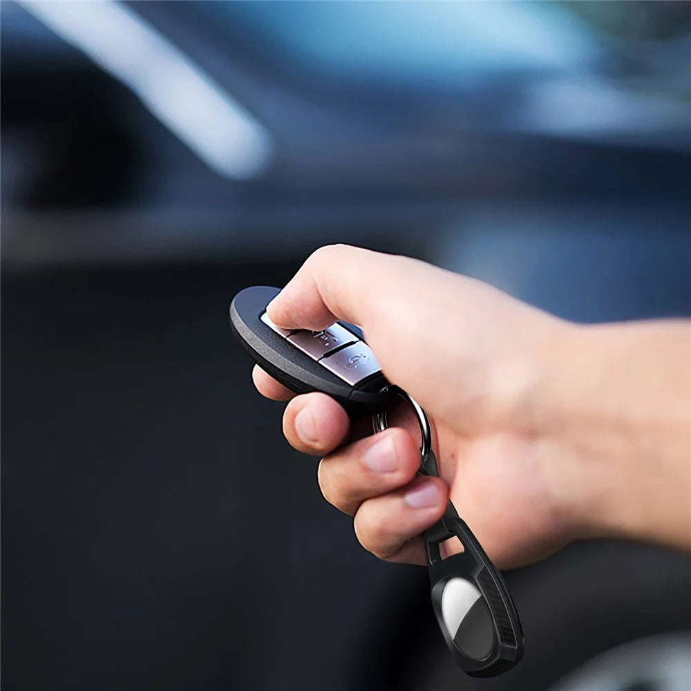 Carbon Fiber TPU Protective Cover with Keychain Ring for Apple AirTag - Black - 5