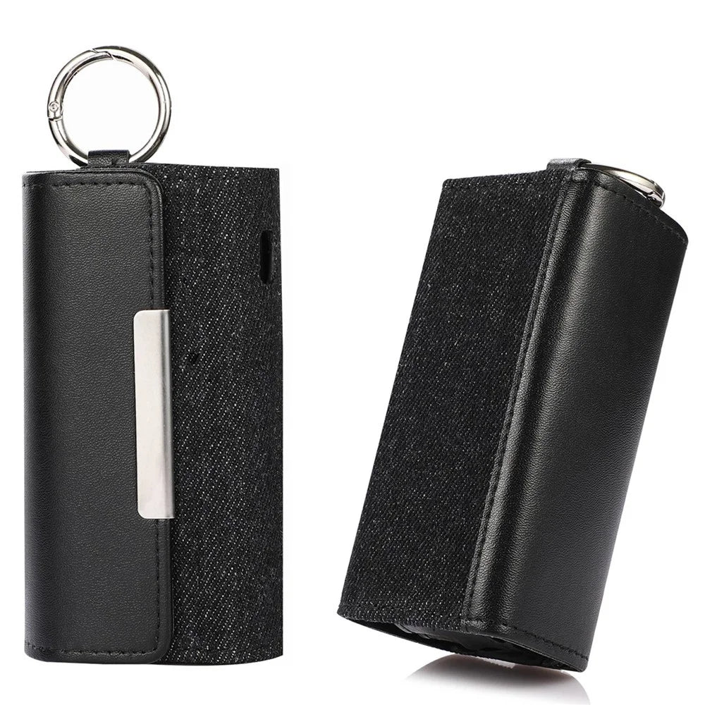 For IQOS ILUMA E-cigarette Portable Leather Protective Case Drop-proof Cover Storage Bag with Ring Buckle - Black Leather/Black Denim - 1