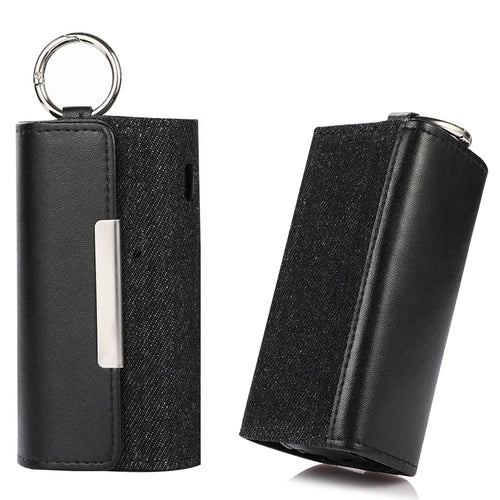 For IQOS ILUMA E-cigarette Portable Leather Protective Case Drop-proof Cover Storage Bag with Ring Buckle - Black Leather/Black Denim - 1
