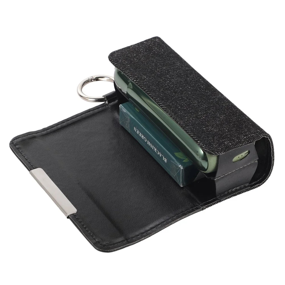 For IQOS ILUMA E-cigarette Portable Leather Protective Case Drop-proof Cover Storage Bag with Ring Buckle - Black Leather/Black Denim - 2