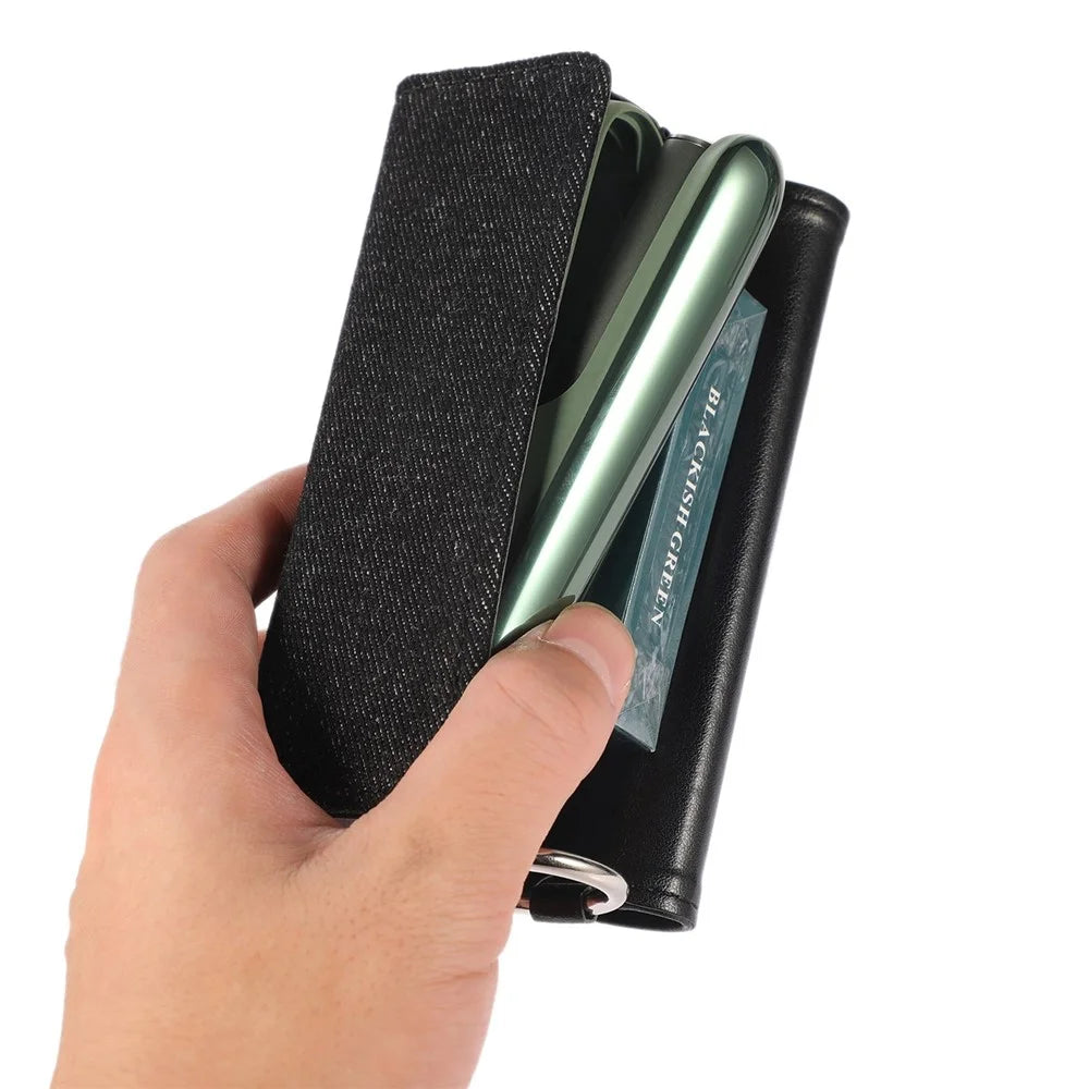 For IQOS ILUMA E-cigarette Portable Leather Protective Case Drop-proof Cover Storage Bag with Ring Buckle - Black Leather/Black Denim - 3