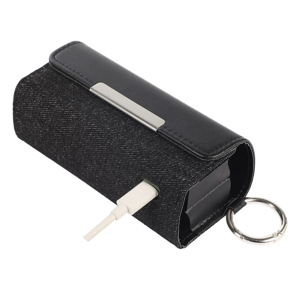 For IQOS ILUMA E-cigarette Portable Leather Protective Case Drop-proof Cover Storage Bag with Ring Buckle - Black Leather/Black Denim - 4