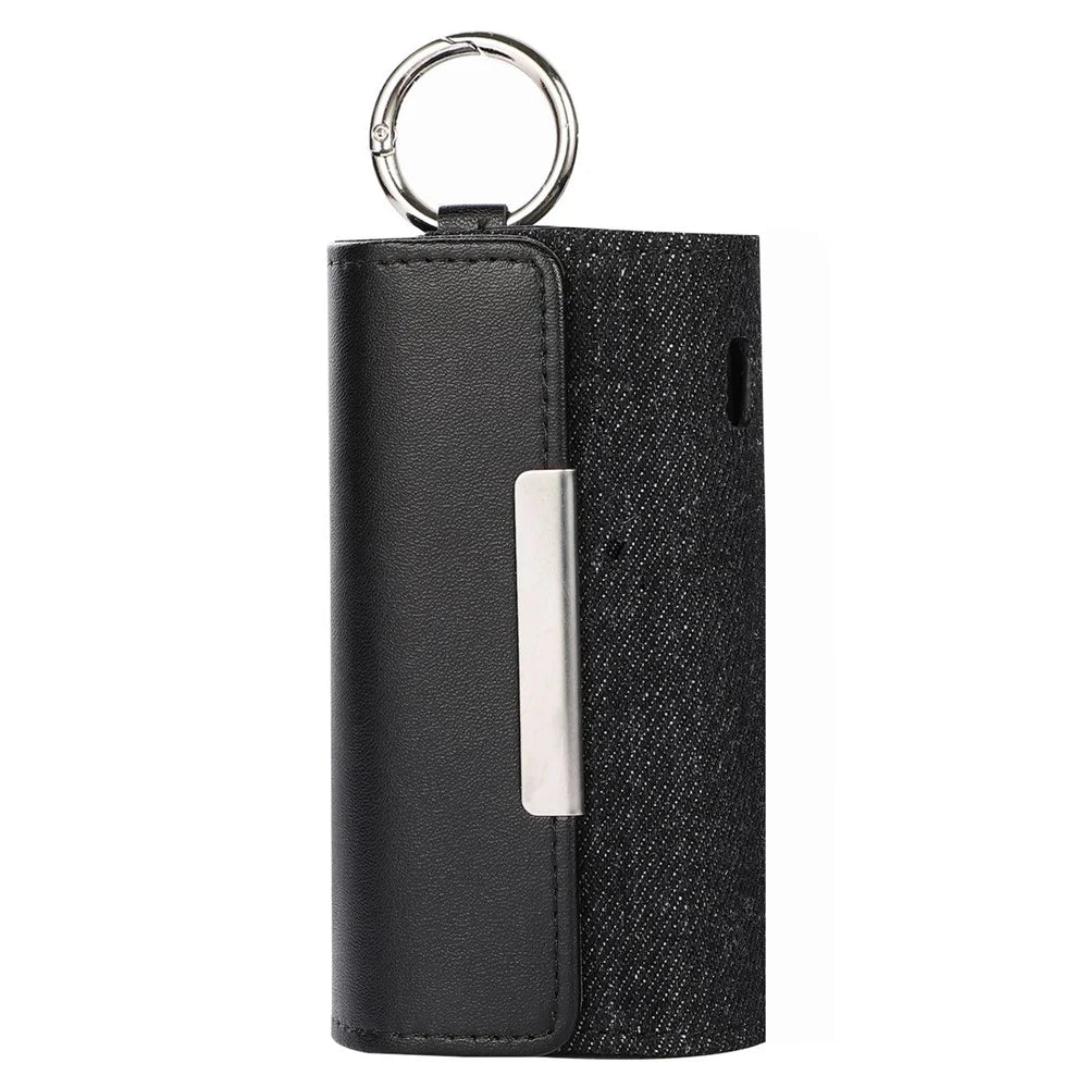 For IQOS ILUMA E-cigarette Portable Leather Protective Case Drop-proof Cover Storage Bag with Ring Buckle - Black Leather/Black Denim - 5