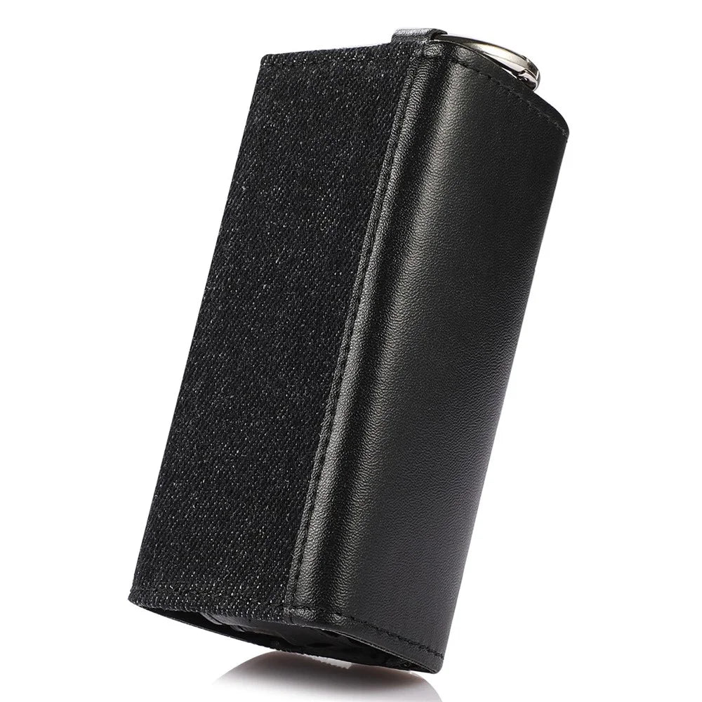 For IQOS ILUMA E-cigarette Portable Leather Protective Case Drop-proof Cover Storage Bag with Ring Buckle - Black Leather/Black Denim - 6