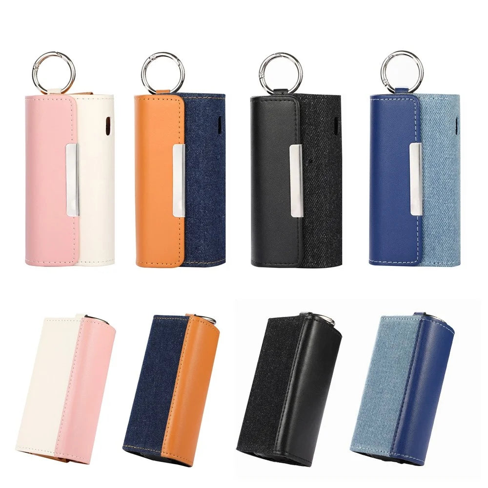 For IQOS ILUMA E-cigarette Portable Leather Protective Case Drop-proof Cover Storage Bag with Ring Buckle - Black Leather/Black Denim - 7
