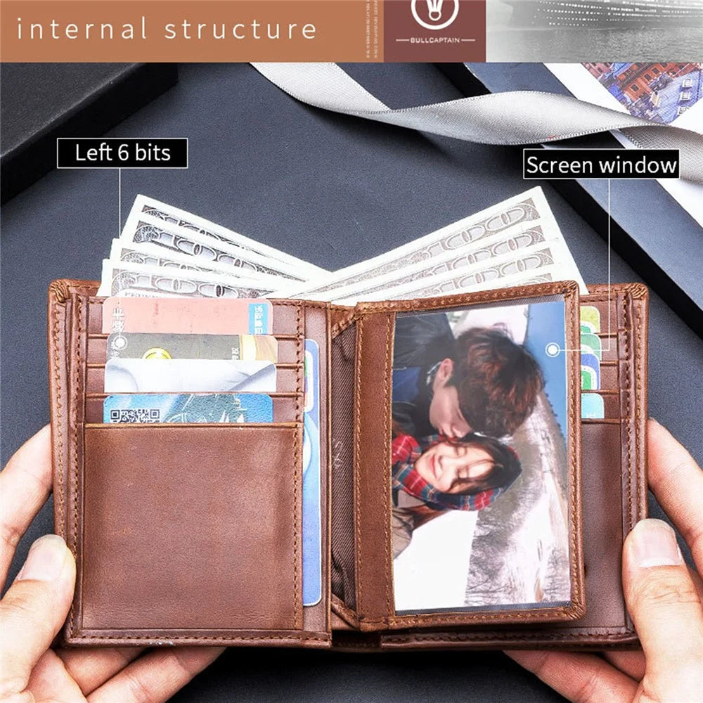 BULLCAPTAIN 027 Thickened Top-Layer Cowhide Leather Wallet RFID Blocking Card Pouch Coin Storage Bag Pouch - Coffee - 5