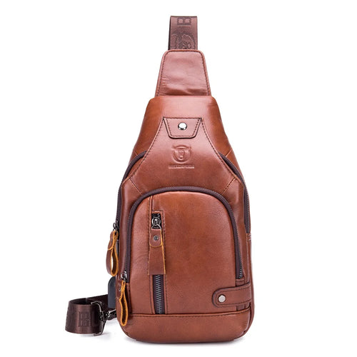 BULLCAPTAIN 129 Top-Layer Cowhide Leather Outdoor Chest Bag Crossbody Sling Bag Casual Daypack - Brown - 1