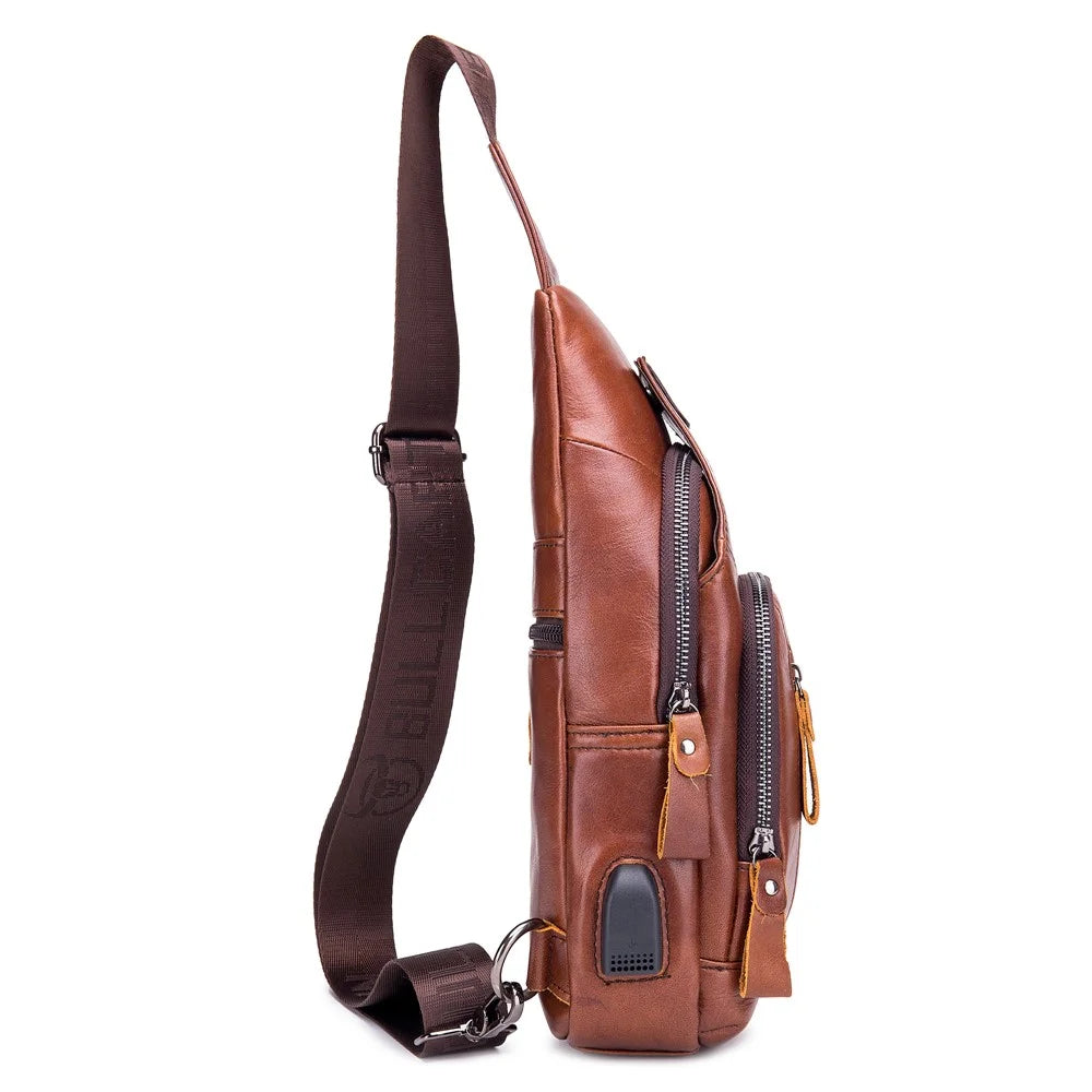 BULLCAPTAIN 129 Top-Layer Cowhide Leather Outdoor Chest Bag Crossbody Sling Bag Casual Daypack - Brown - 2