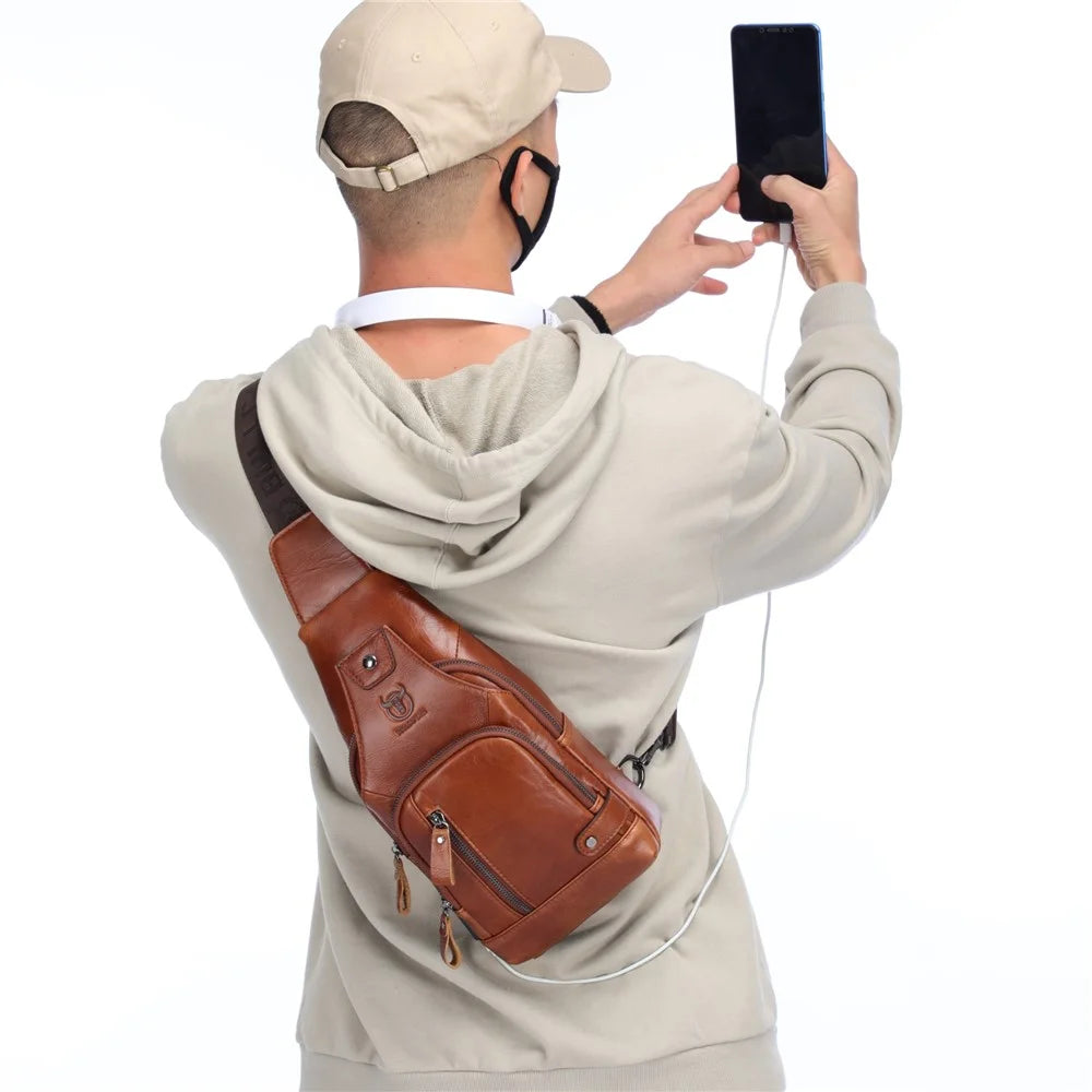 BULLCAPTAIN 129 Top-Layer Cowhide Leather Outdoor Chest Bag Crossbody Sling Bag Casual Daypack - Brown - 5
