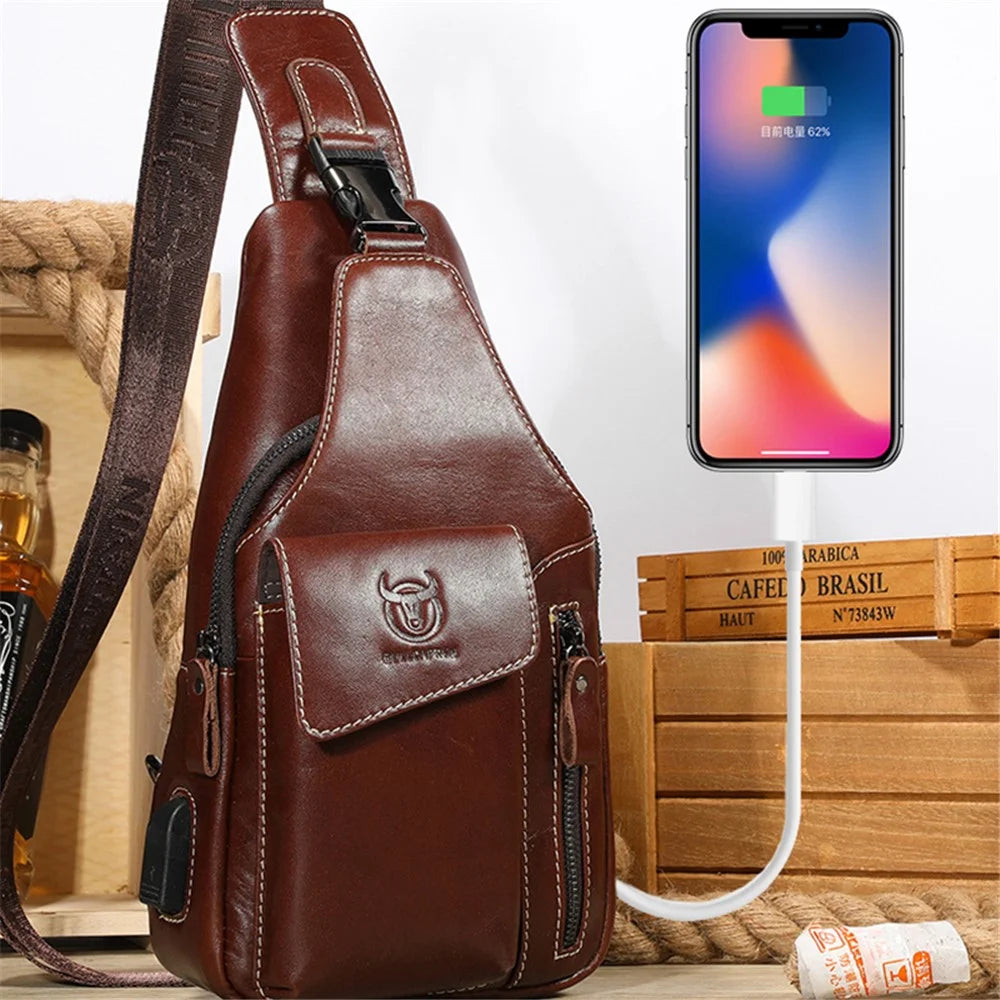 BULLCAPTAIN 0128 Crossbody Bag Chest Bag Top-Layer Cowhide Leather Daypack with USB Charging Port - Brown - 2