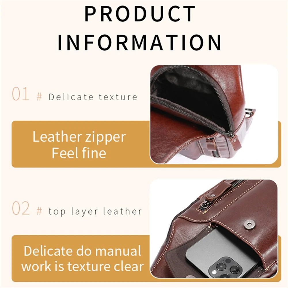 BULLCAPTAIN 0128 Crossbody Bag Chest Bag Top-Layer Cowhide Leather Daypack with USB Charging Port - Brown - 3