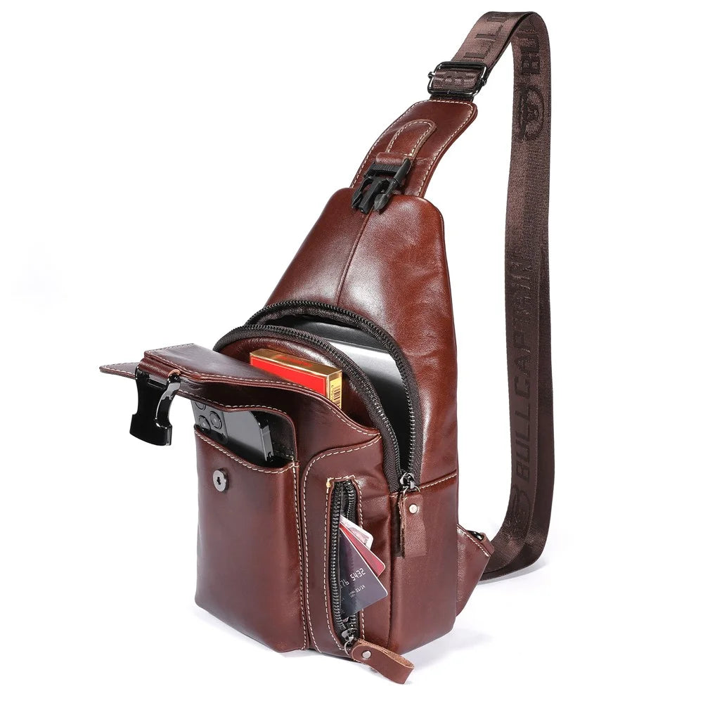 BULLCAPTAIN 0128 Crossbody Bag Chest Bag Top-Layer Cowhide Leather Daypack with USB Charging Port - Brown - 7