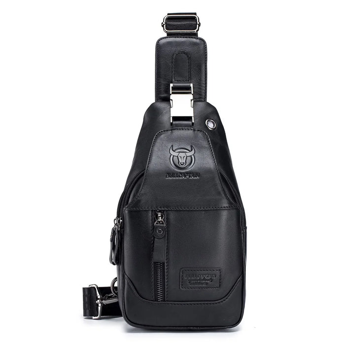 BULLCAPTAIN 095 Casual Chest Bag Top-Layer Cowhide Leather Crossbody Bag Travel Bag Daypack - Black - 1