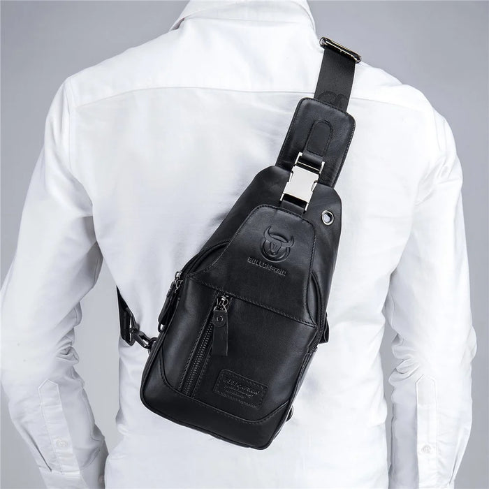 BULLCAPTAIN 095 Casual Chest Bag Top-Layer Cowhide Leather Crossbody Bag Travel Bag Daypack - Black - 3