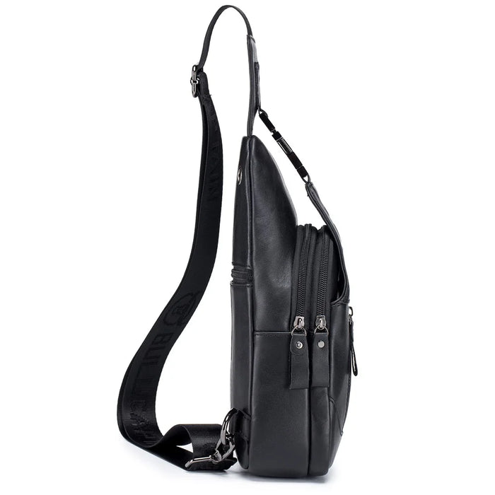 BULLCAPTAIN 095 Casual Chest Bag Top-Layer Cowhide Leather Crossbody Bag Travel Bag Daypack - Black - 5