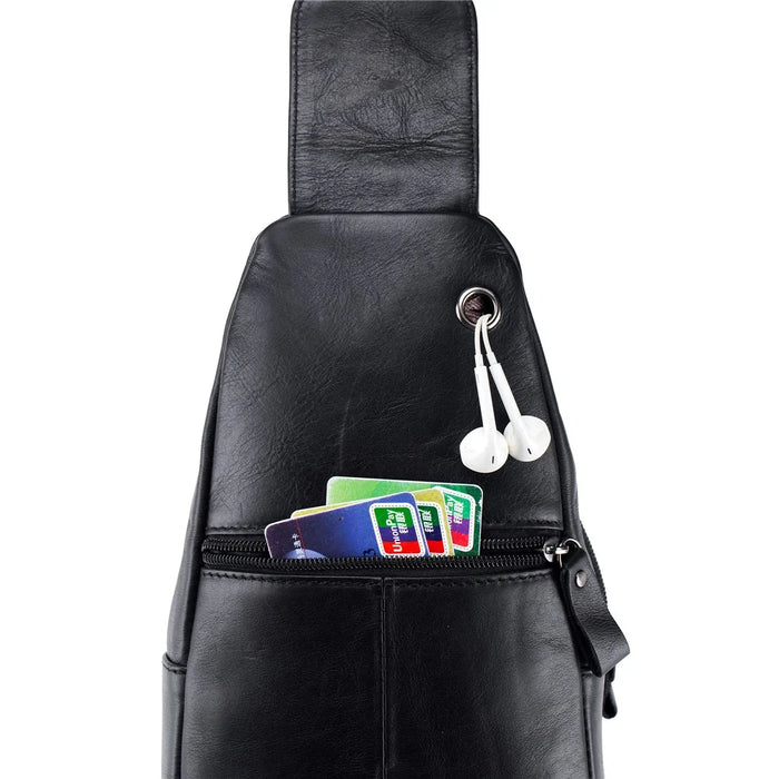 BULLCAPTAIN 095 Casual Chest Bag Top-Layer Cowhide Leather Crossbody Bag Travel Bag Daypack - Black - 7