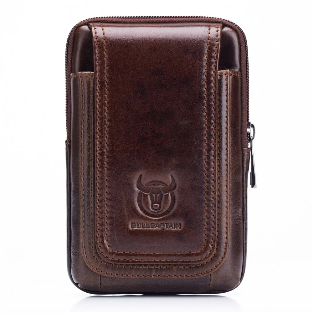 BULLCAPTAIN Vertical Mobile Phone Pouch for 5.5-6.44" Cell Phones Genuine Cowhide Leather Waist Phone Bag - Brown - 1
