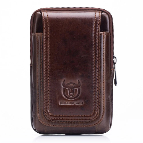 BULLCAPTAIN Vertical Mobile Phone Pouch for 5.5-6.44" Cell Phones Genuine Cowhide Leather Waist Phone Bag - Brown - 1