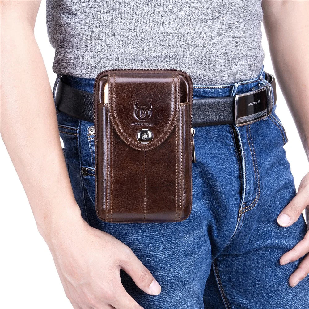 BULLCAPTAIN Vertical Mobile Phone Pouch for 5.5-6.44" Cell Phones Genuine Cowhide Leather Waist Phone Bag - Brown - 2