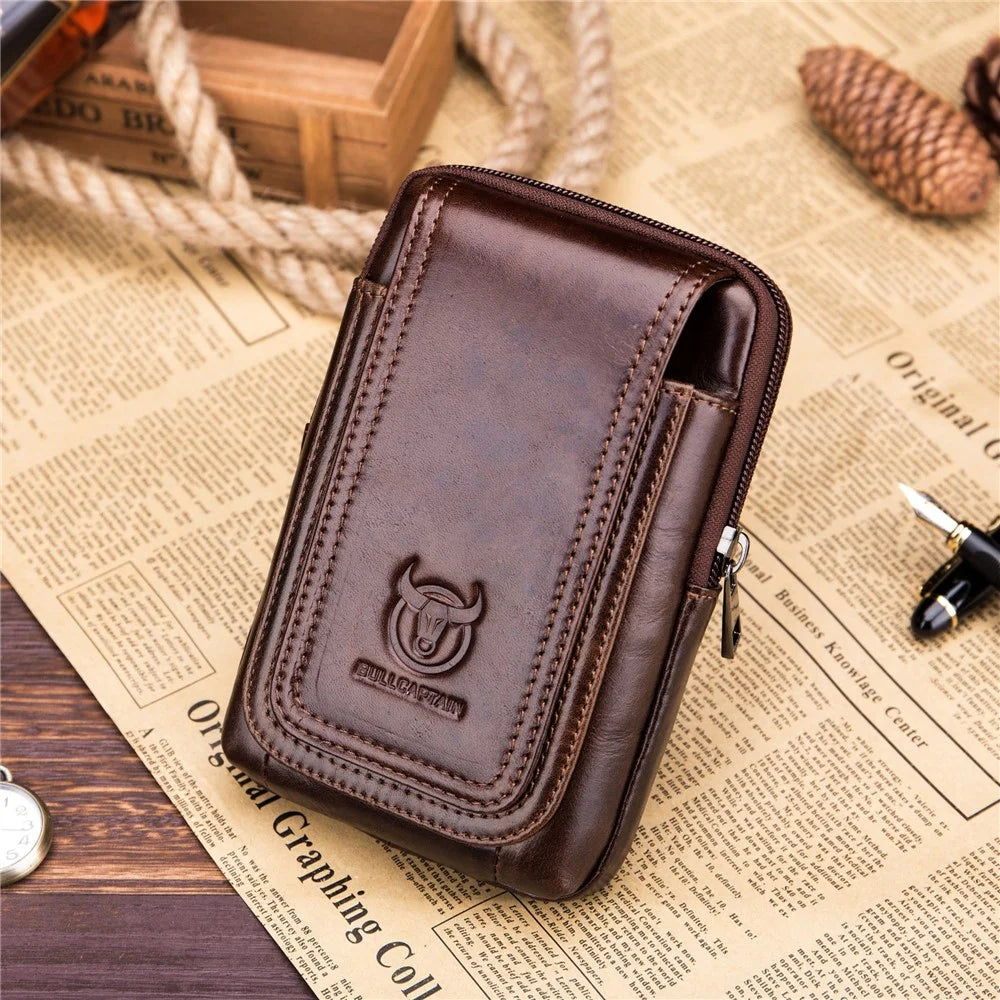 BULLCAPTAIN Vertical Mobile Phone Pouch for 5.5-6.44" Cell Phones Genuine Cowhide Leather Waist Phone Bag - Brown - 3