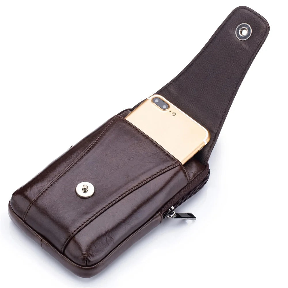 BULLCAPTAIN Vertical Mobile Phone Pouch for 5.5-6.44" Cell Phones Genuine Cowhide Leather Waist Phone Bag - Brown - 4