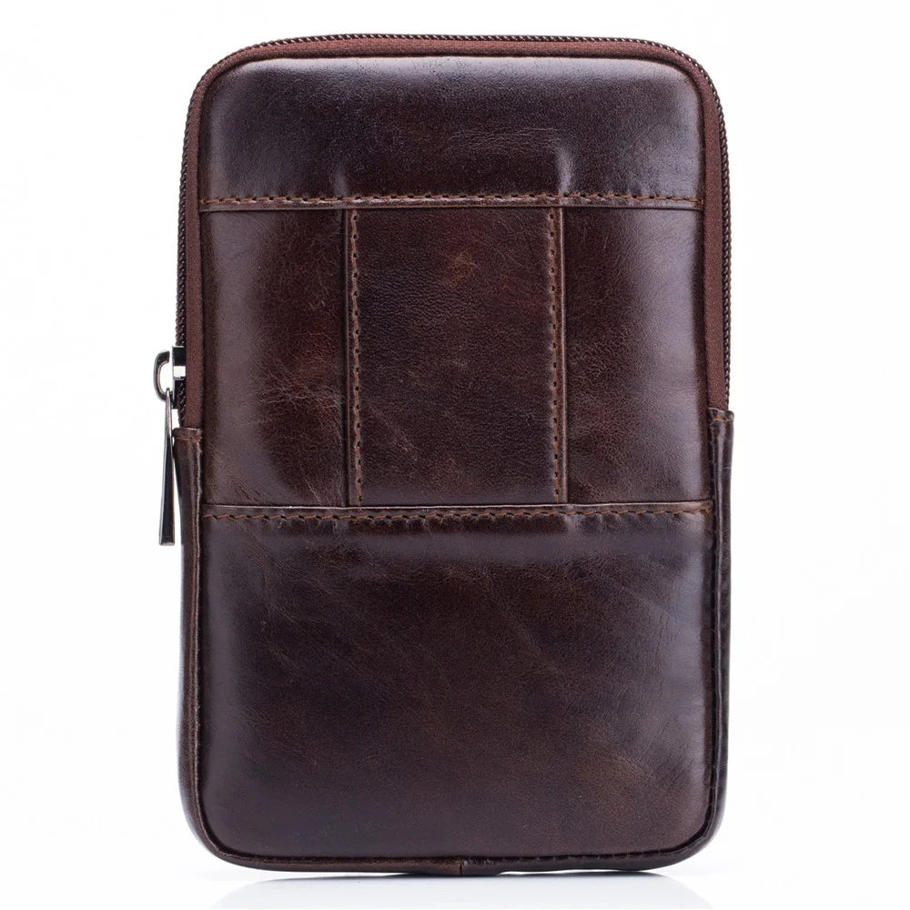 BULLCAPTAIN Vertical Mobile Phone Pouch for 5.5-6.44" Cell Phones Genuine Cowhide Leather Waist Phone Bag - Brown - 6