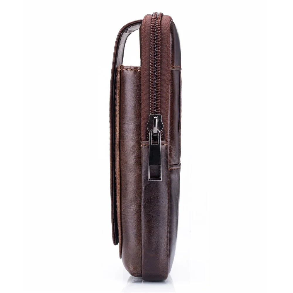 BULLCAPTAIN Vertical Mobile Phone Pouch for 5.5-6.44" Cell Phones Genuine Cowhide Leather Waist Phone Bag - Brown - 7