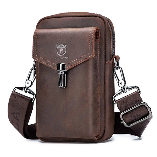 BULLCAPTAIN Crazy Horse Texture Genuine Cowhide Leather Belt Bag for Under 7" Smartphone Waist Pouch with Shoulder Strap - Coffee - 1