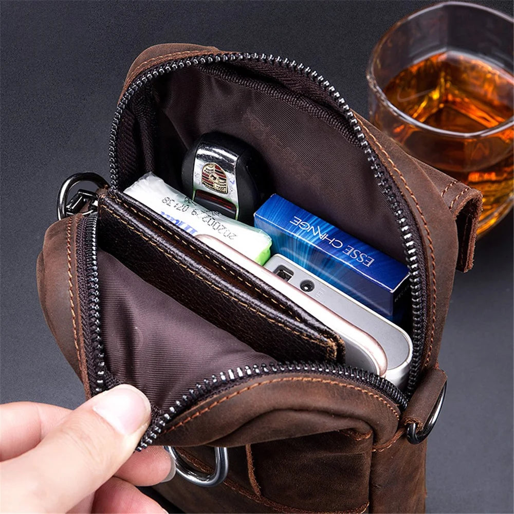 BULLCAPTAIN Crazy Horse Texture Genuine Cowhide Leather Belt Bag for Under 7" Smartphone Waist Pouch with Shoulder Strap - Coffee - 3