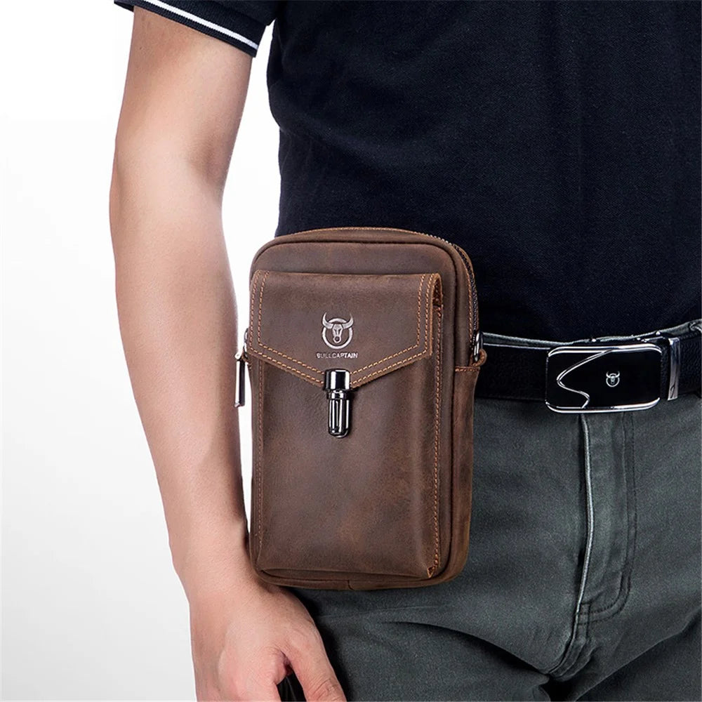 BULLCAPTAIN Crazy Horse Texture Genuine Cowhide Leather Belt Bag for Under 7" Smartphone Waist Pouch with Shoulder Strap - Coffee - 4