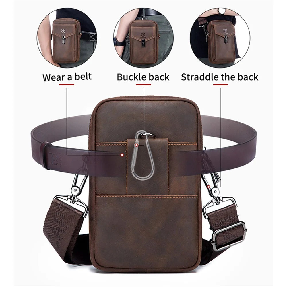BULLCAPTAIN Crazy Horse Texture Genuine Cowhide Leather Belt Bag for Under 7" Smartphone Waist Pouch with Shoulder Strap - Coffee - 6