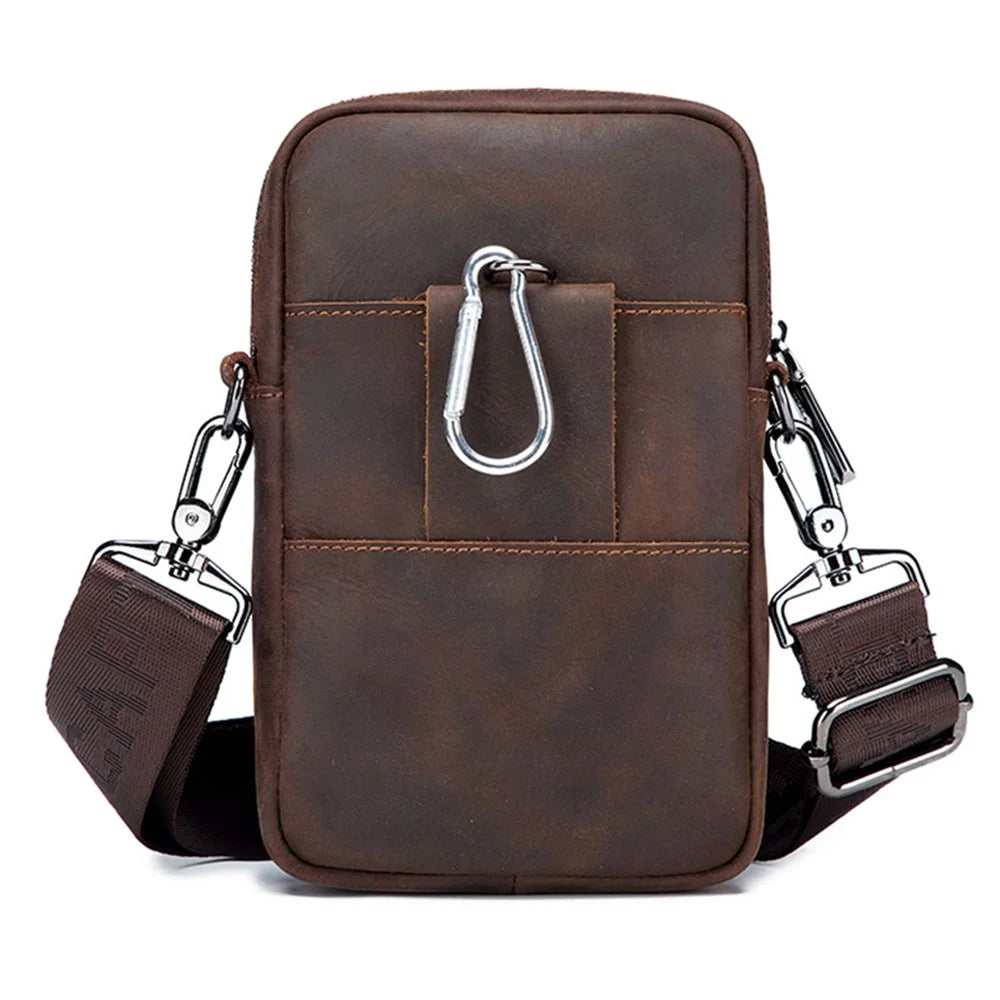 BULLCAPTAIN Crazy Horse Texture Genuine Cowhide Leather Belt Bag for Under 7" Smartphone Waist Pouch with Shoulder Strap - Coffee - 7