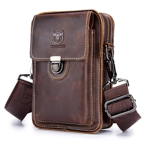 BULLCAPTAIN Crazy Horse Texture Genuine Cowhide Leather Bag for Under 7" Cell Phones Belt Pouch with Shoulder Strap - Coffee - 1