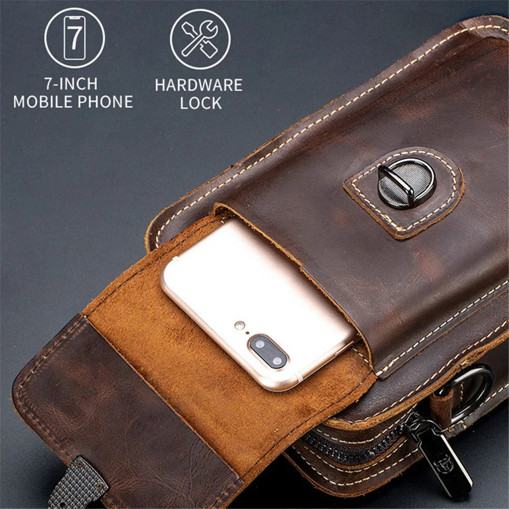 BULLCAPTAIN Crazy Horse Texture Genuine Cowhide Leather Bag for Under 7" Cell Phones Belt Pouch with Shoulder Strap - Coffee - 2