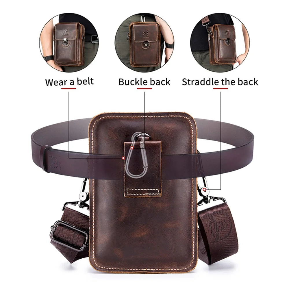 BULLCAPTAIN Crazy Horse Texture Genuine Cowhide Leather Bag for Under 7" Cell Phones Belt Pouch with Shoulder Strap - Coffee - 5